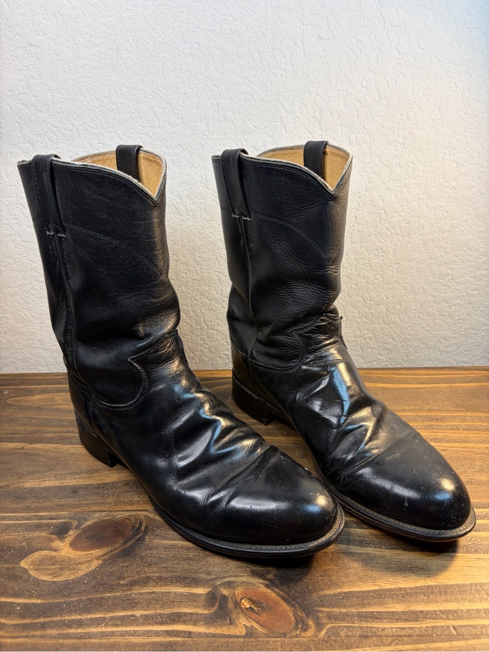 Justin Classic Men’s Leather Roper Western Cowboy Boots Black 9.5EE Made In USA